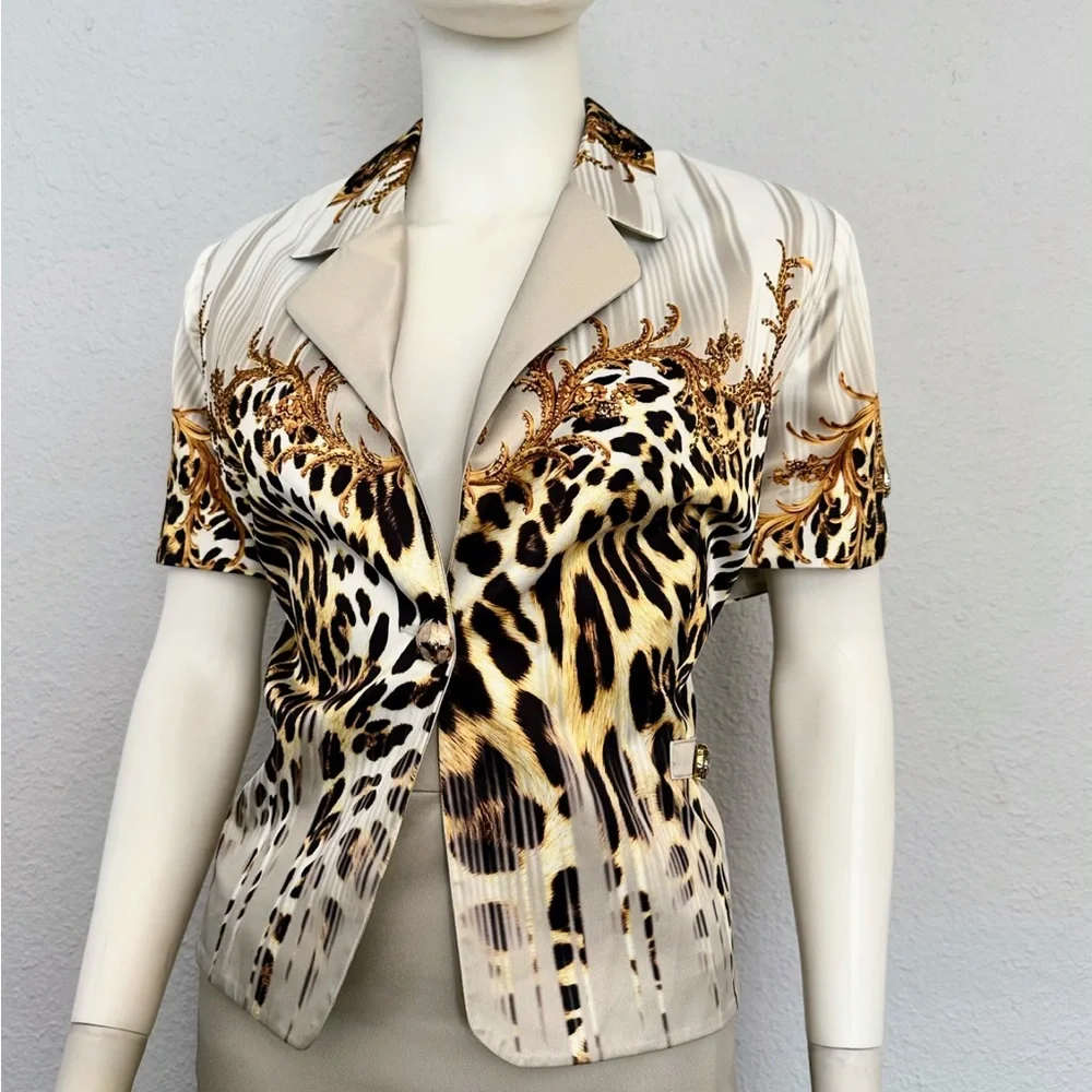 POLEN POE‎ SATIN SKIRT SUIT SET JACKET/SKIRT ANIMAL PRINT SHORT SLEEVES FORMAL